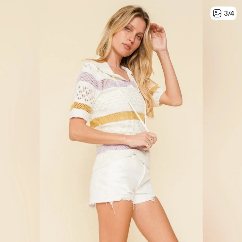 💜 HEM &THREAD Striped Open Crochet Top - Picture 2 of 3